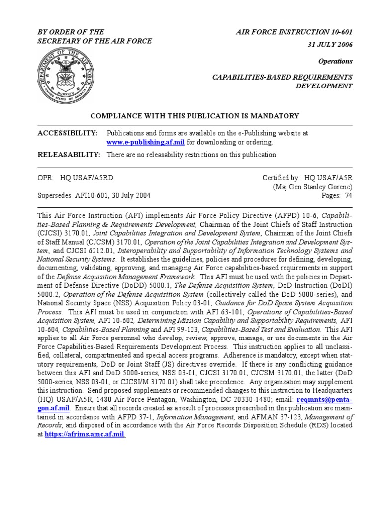 AFI 10601, CapabilitiesBased Requirements Development United States