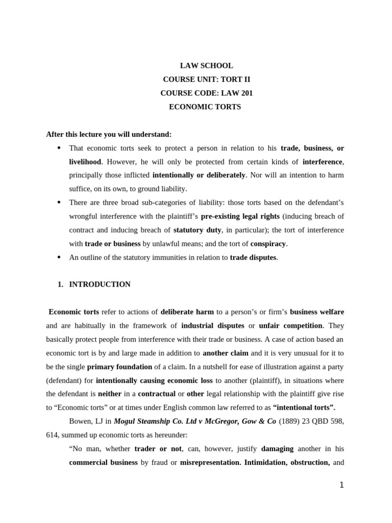 Understanding Economic Torts in Law | PDF | Tort | Legal Remedy