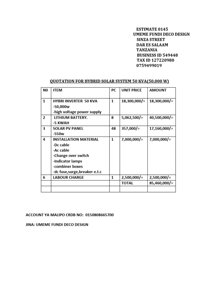 Quotation for 50 KVA Solar System | PDF