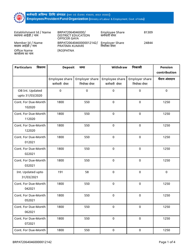 EPFO Pension Statement Overview | PDF