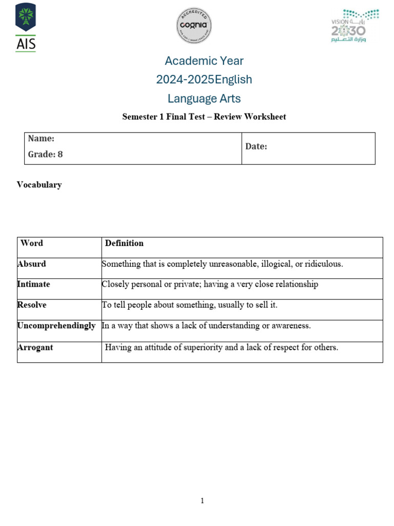 Grade+8+Semester+1+Final+Review+Sheet | PDF | Verb | Healthy Diet