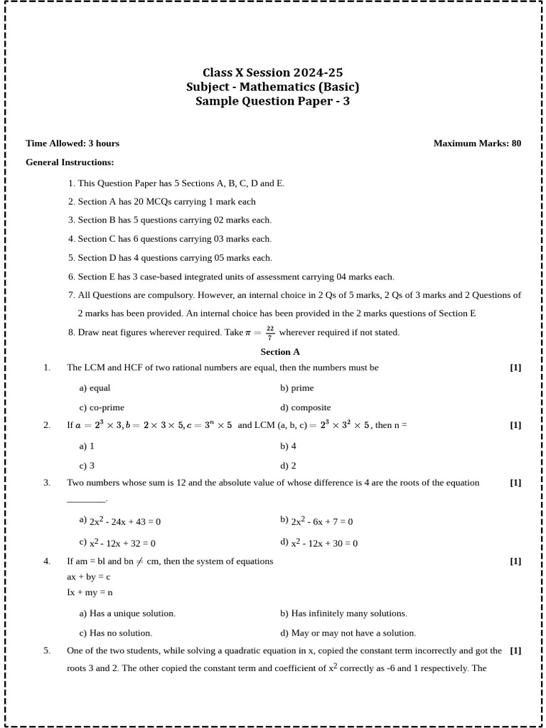 Class X Mathematics Sample Paper 2024 | PDF | Circle | Area