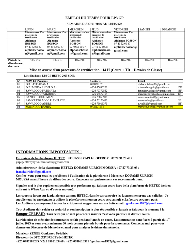 Emploi du temps LP3 GP HETEC 2025 | PDF