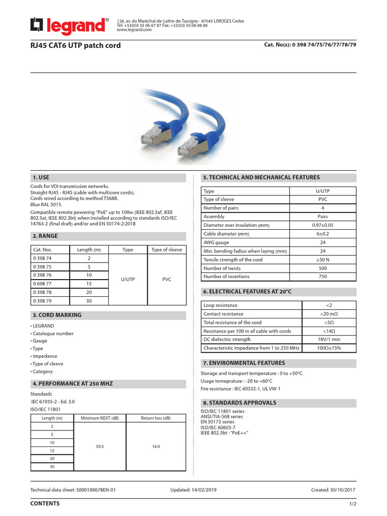 Legrand CAT6 UTP Patch Cord Datasheet | PDF | Equipment | Electronics