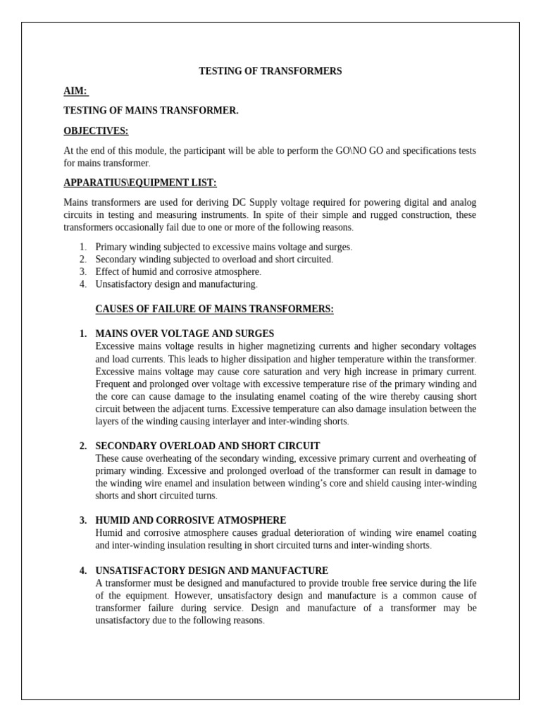 Testing of Mains Transformers | PDF | Transformer | Insulator (Electricity)