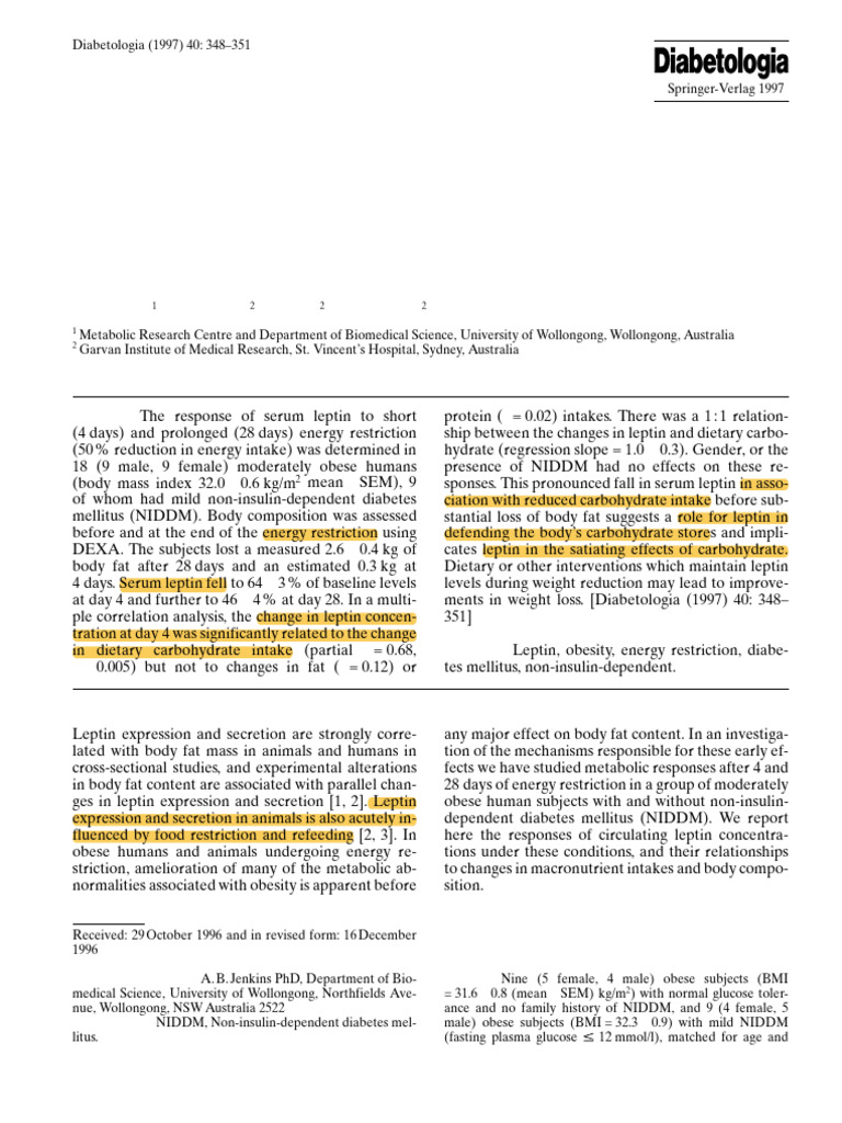 Carbohydrate Intake and Short-Term Regulation of Leptin in Humans | PDF ...