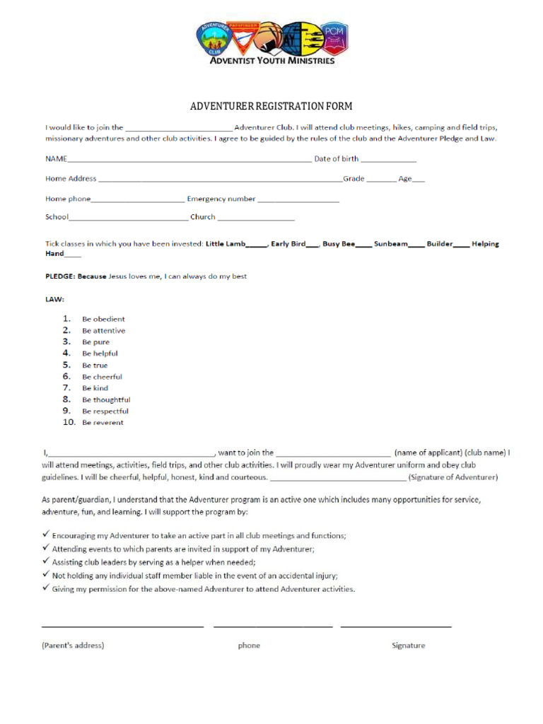 Adventurer Enrolnment Form 1 | PDF