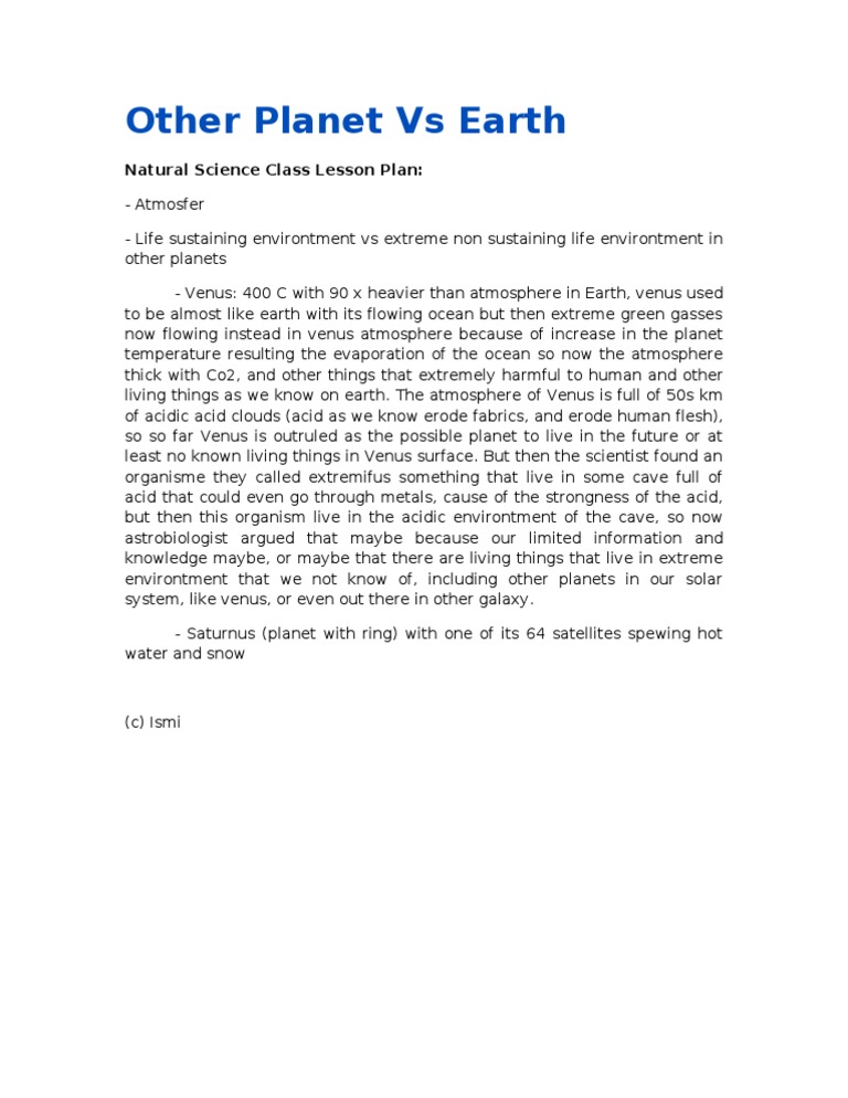 Other Planet Vs Earth: Natural Science Class Lesson Plan | PDF