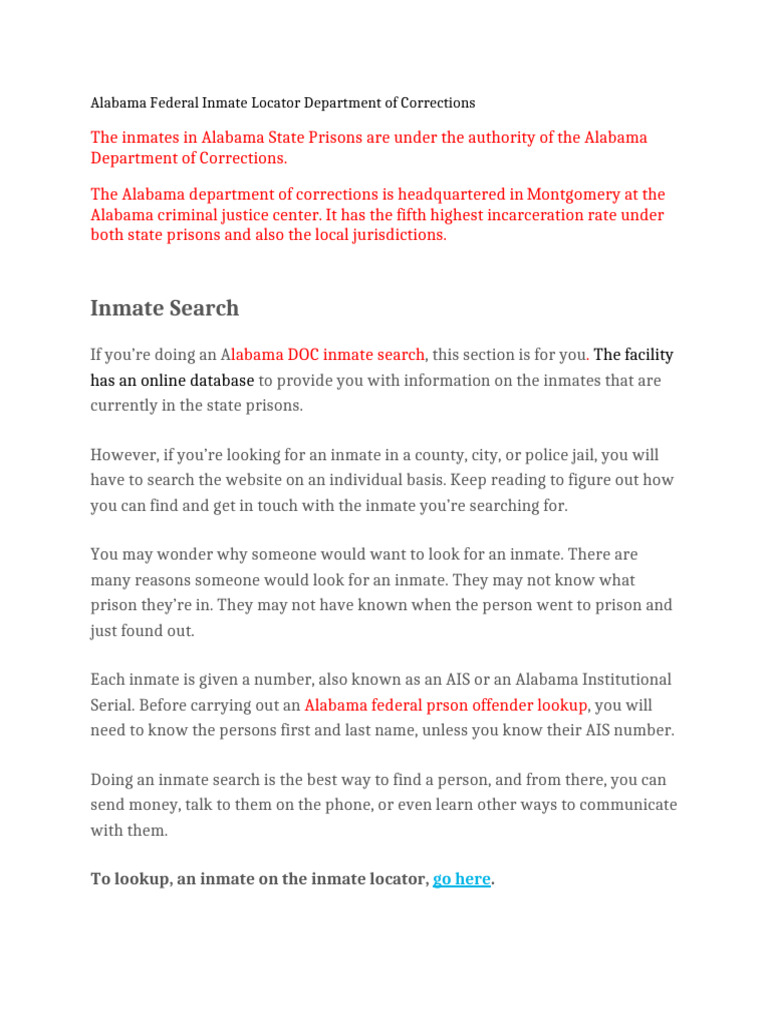 Alabama Federal Inmate Locator Department of Corrections | PDF | Prison ...