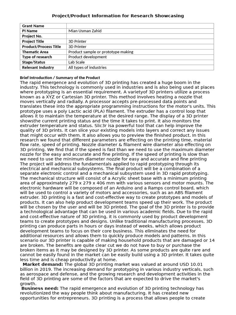Project Information For Research Showcasing | PDF | 3 D Printing ...