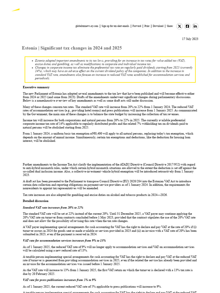 View of Estonia - Significant Tax Changes in 2024 and 2025 | PDF | Value Added ...