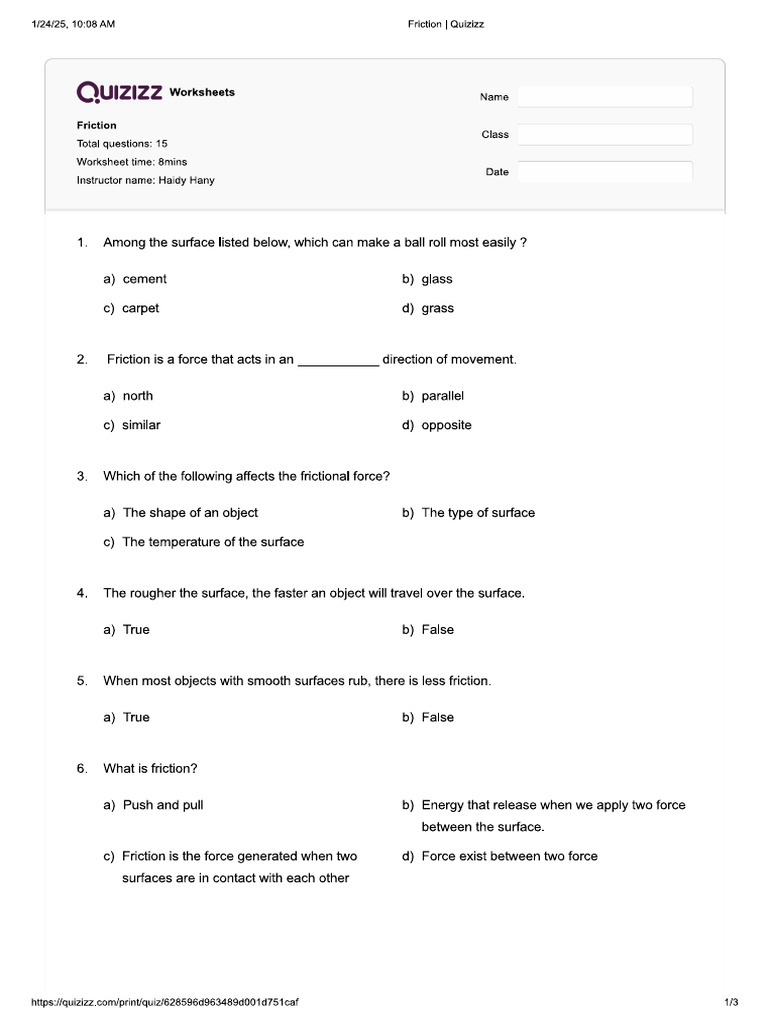 Friction Quiz Pdf