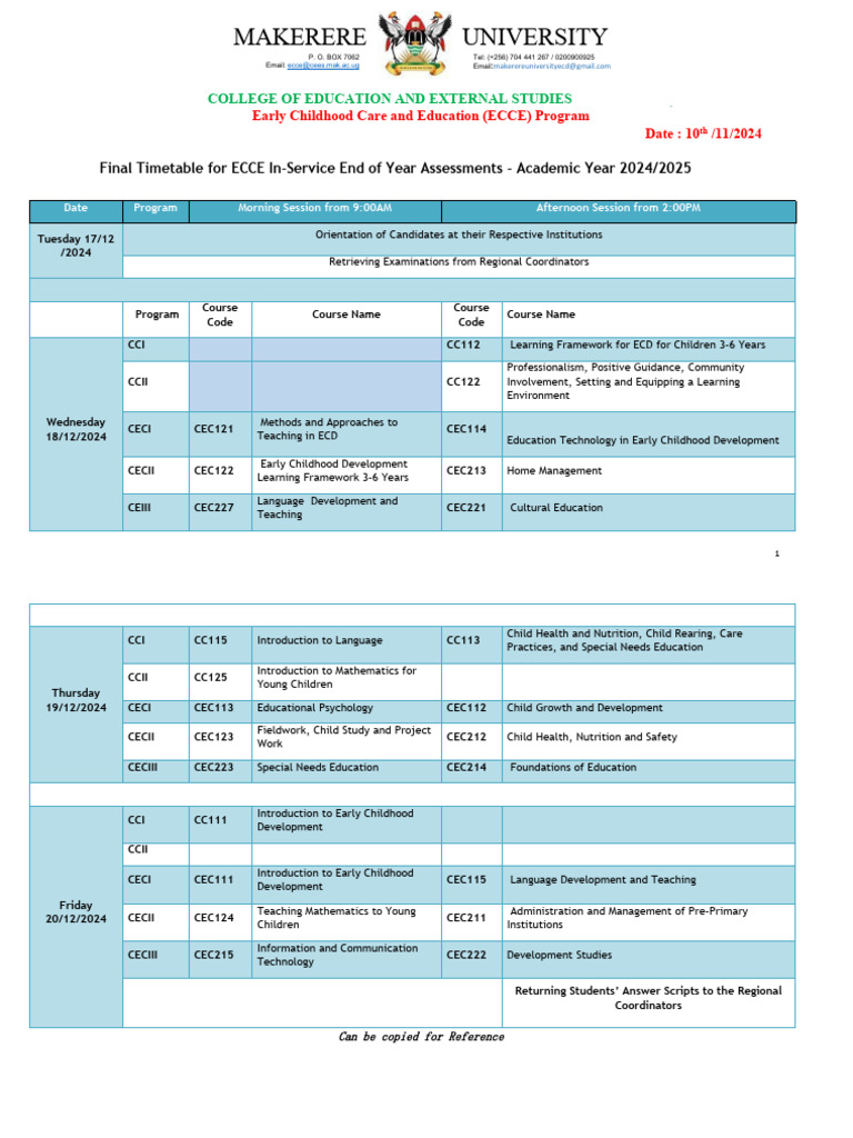ECCE In-Service Assessment Timetable 2024 | PDF | Childhood | Human ...