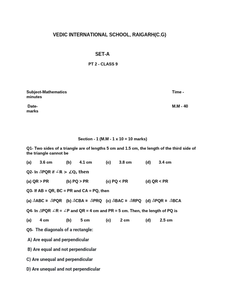 Class 9 Mathematics PT 2 Exam Paper | PDF