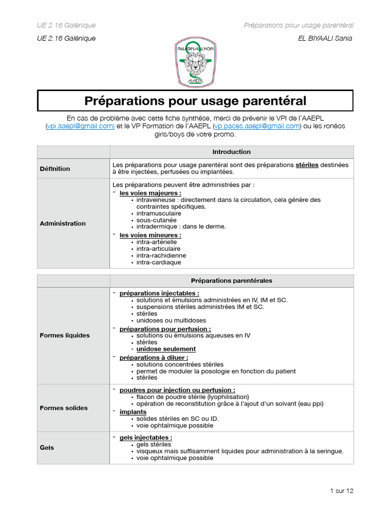 Préparations Parentérales : Guide Complet | PDF | Osmose | Solvant