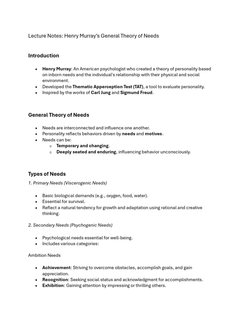 Murray's Theory of Needs Explained | PDF | Motivation | Motivational