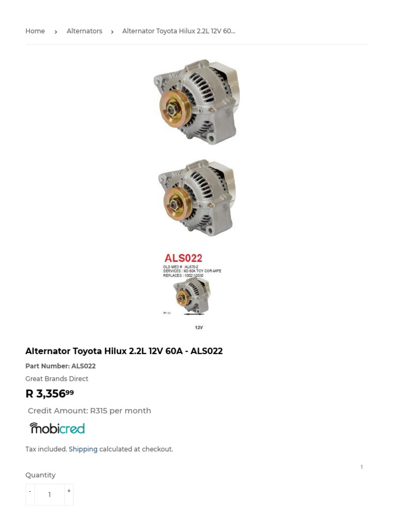 Alternator Toyota Hilux 2.2L 12V 60A - ALS022 - Great Brands Direct Co ...