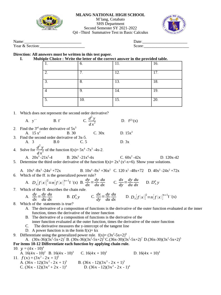 Basic Calculus Summative Test Q4 | PDF | Derivative | Mathematical ...