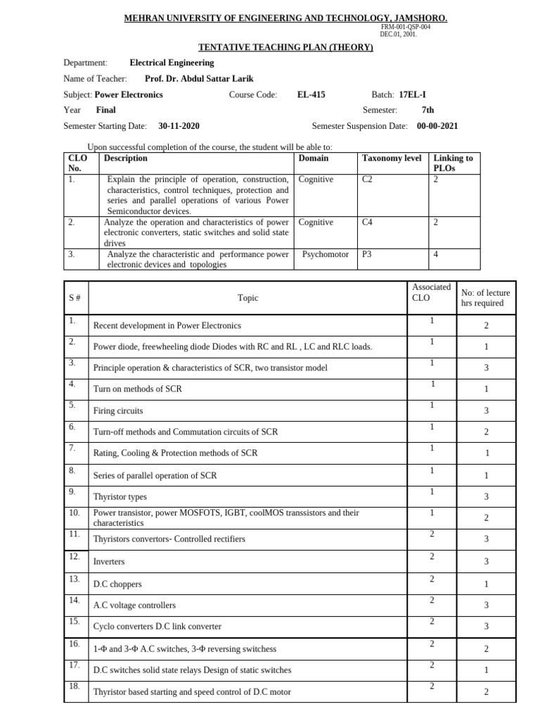Power Electronics Teaching Plan EL-415 | PDF | Power Electronics ...