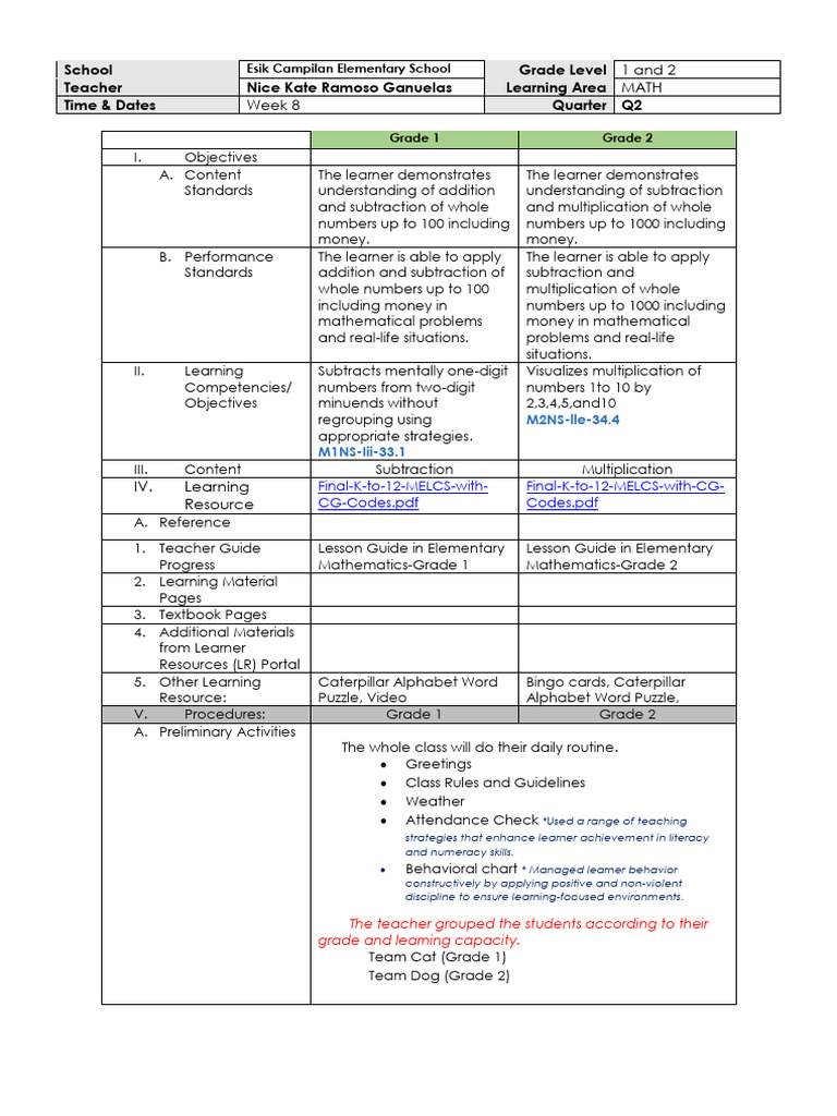 Math LP Multigrade (1&2) Q2 Week 8 (CRISS) Final | PDF | Learning ...