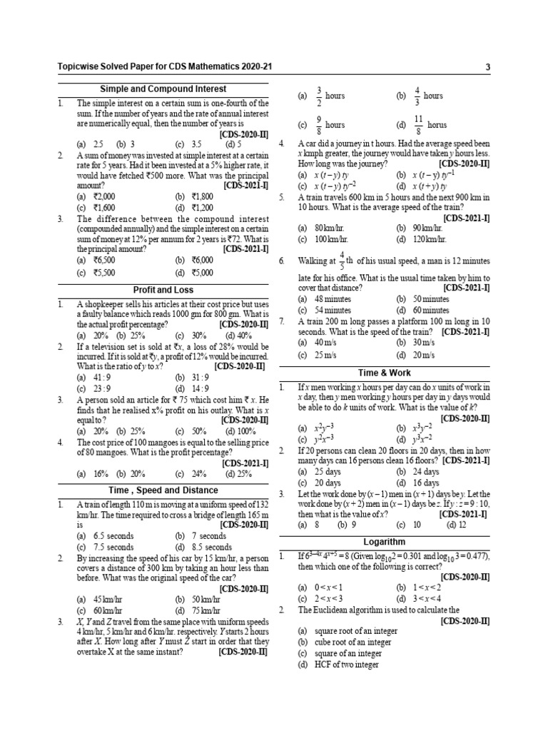 CDS Mathematics Solved Papers 2020-21 | PDF | Interest | Speed