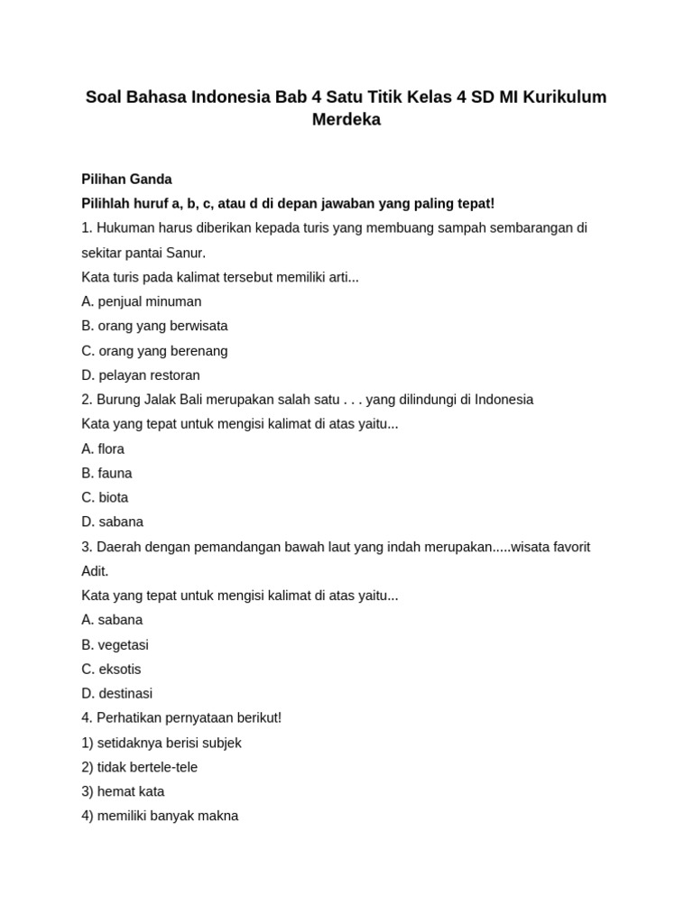 Soal Bahasa Indonesia Kelas 4 Bab 4 | PDF