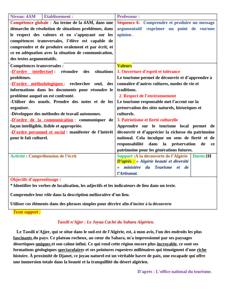 Comprendre et Produire un Message Argumentatif | PDF | Tourisme | Algérie