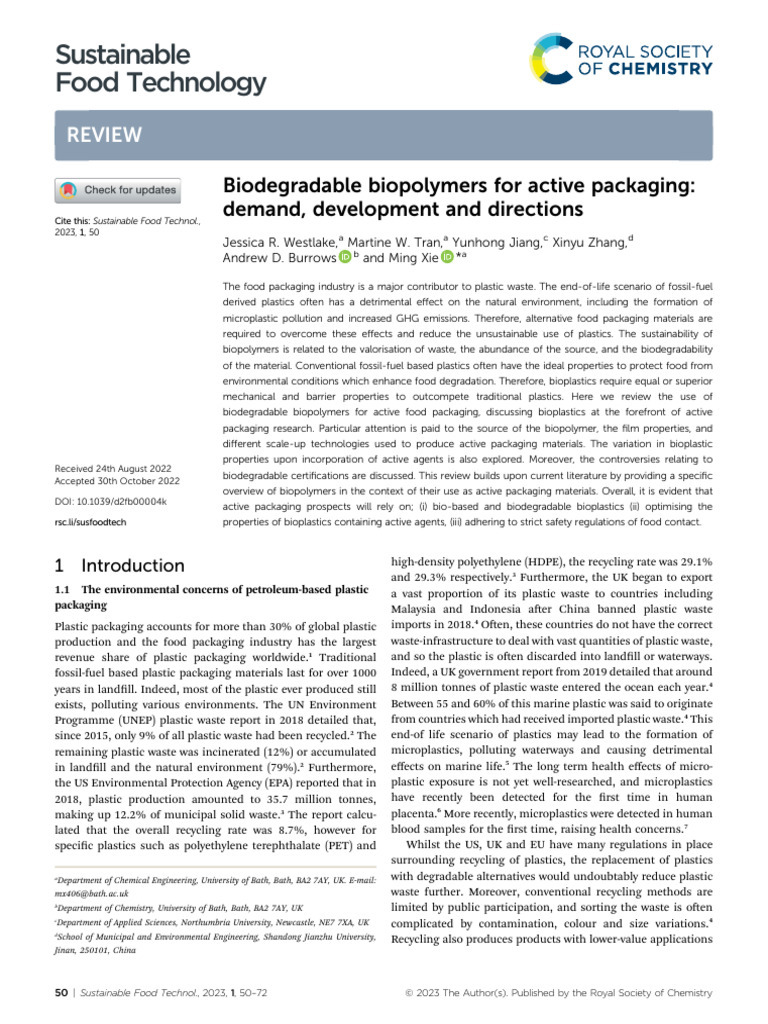 Biodegradable Biopolymers in Food Packaging | PDF | Biopolymer | Plastic