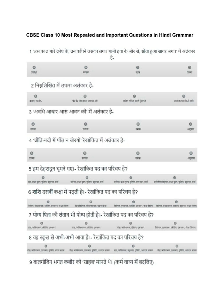 Cbse Class 10 Hindi Grammar Important and Repeated Questions | PDF
