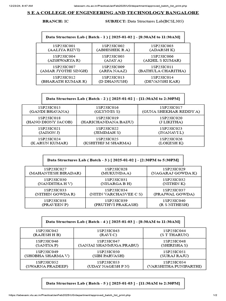 Data Structures Lab Batch Schedule 2025 | PDF
