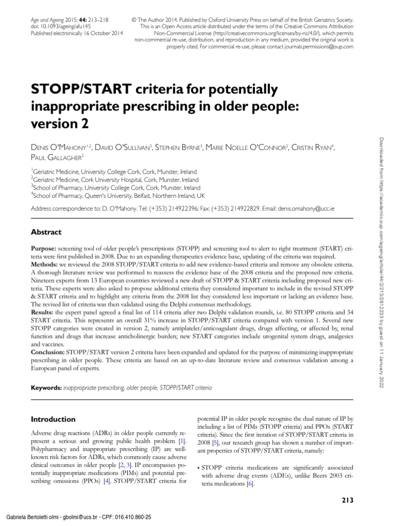 Updated STOPP/START Criteria for Prescribing | PDF | Renal Function ...