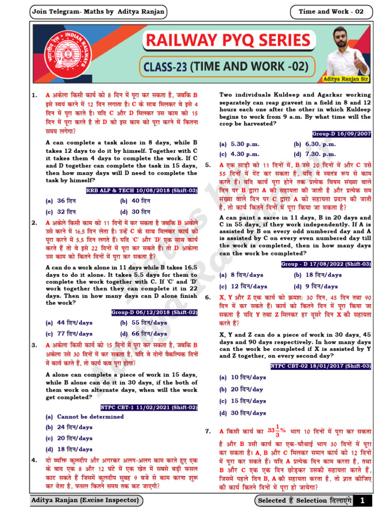 RRB Group D Time and Work Questions | PDF