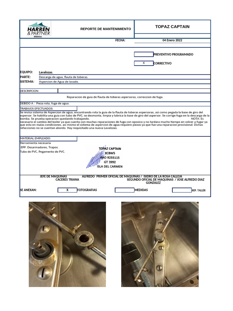 Informe de Mantenimiento Topaz Captain | PDF | Filtración | Procesos ...