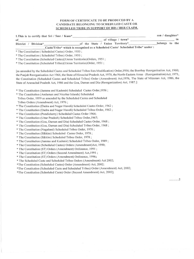 Sc St Certificate Format