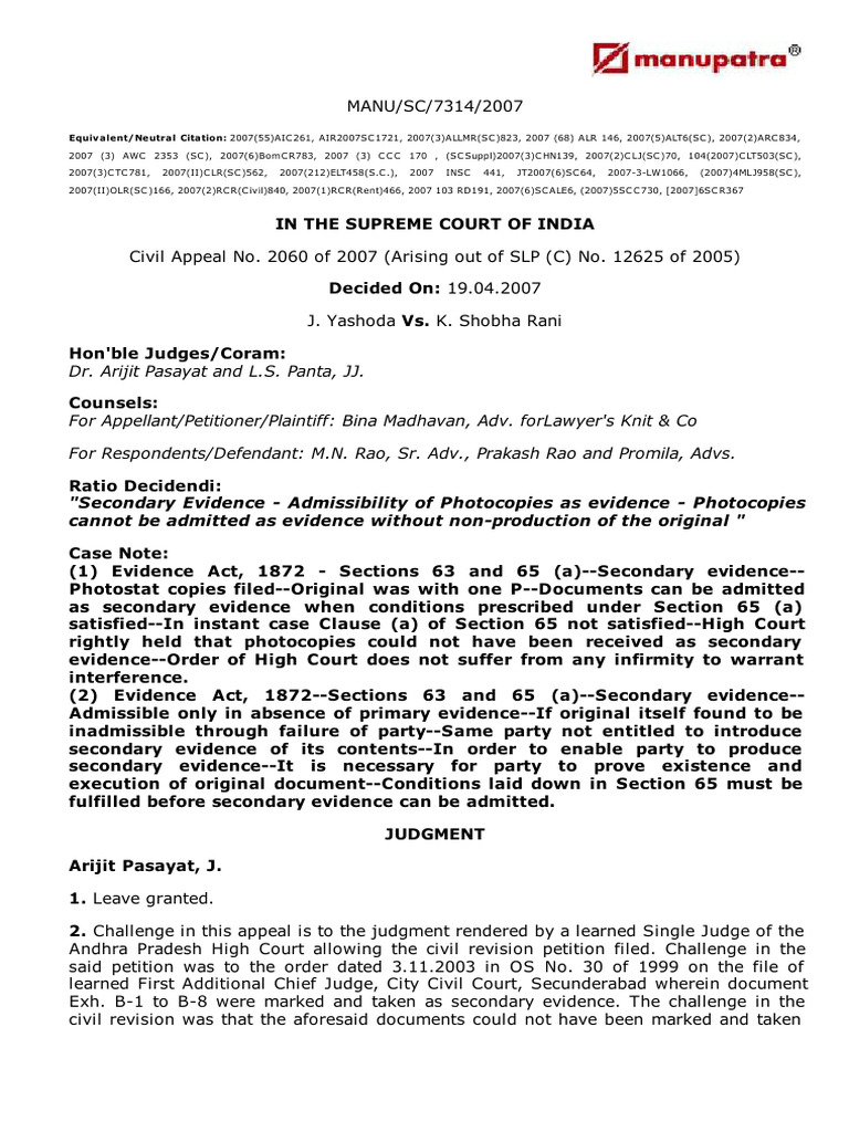 Supreme Court Ruling on Secondary Evidence | PDF | Judgment (Law ...