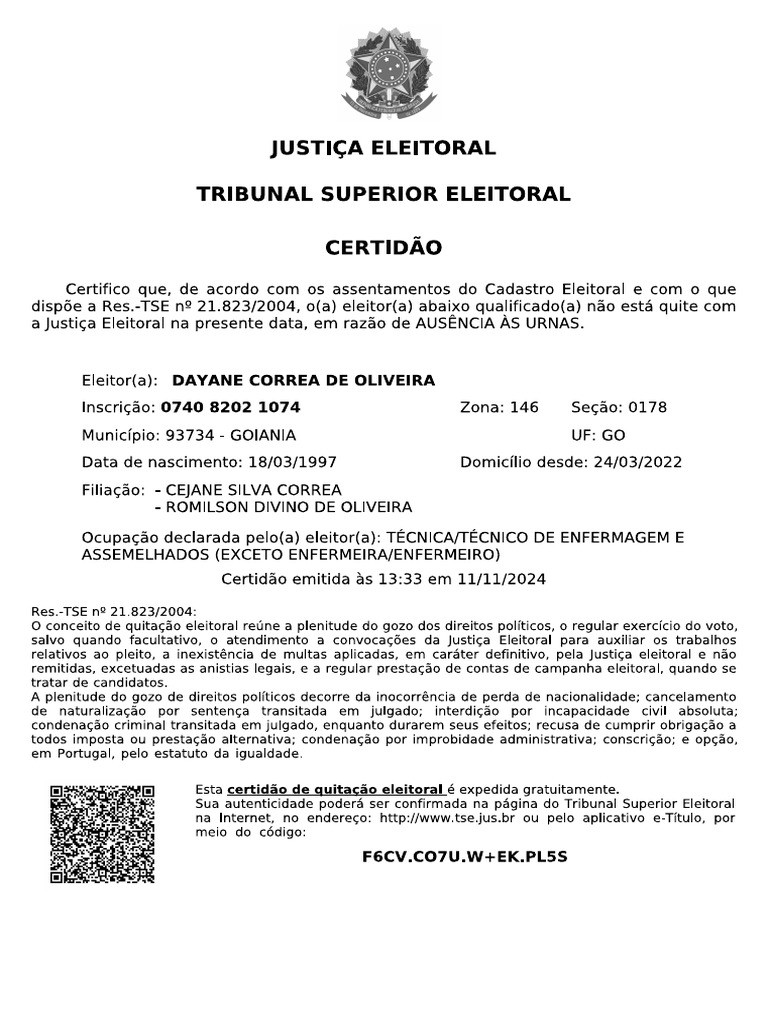 Certidão de Quitação Eleitoral | PDF