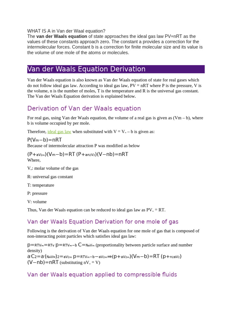 Van Der Waals Equation | PDF | Gases | Temperature
