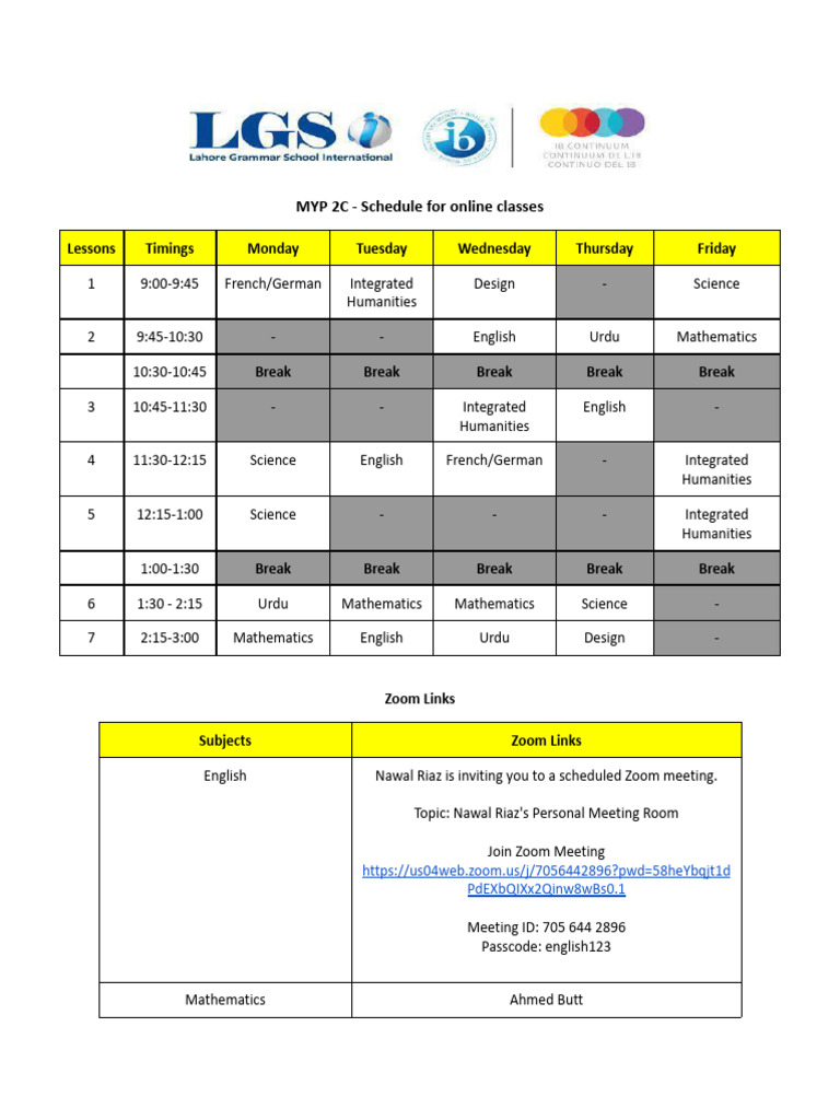 MYP 2C Online Classes Schedule | PDF