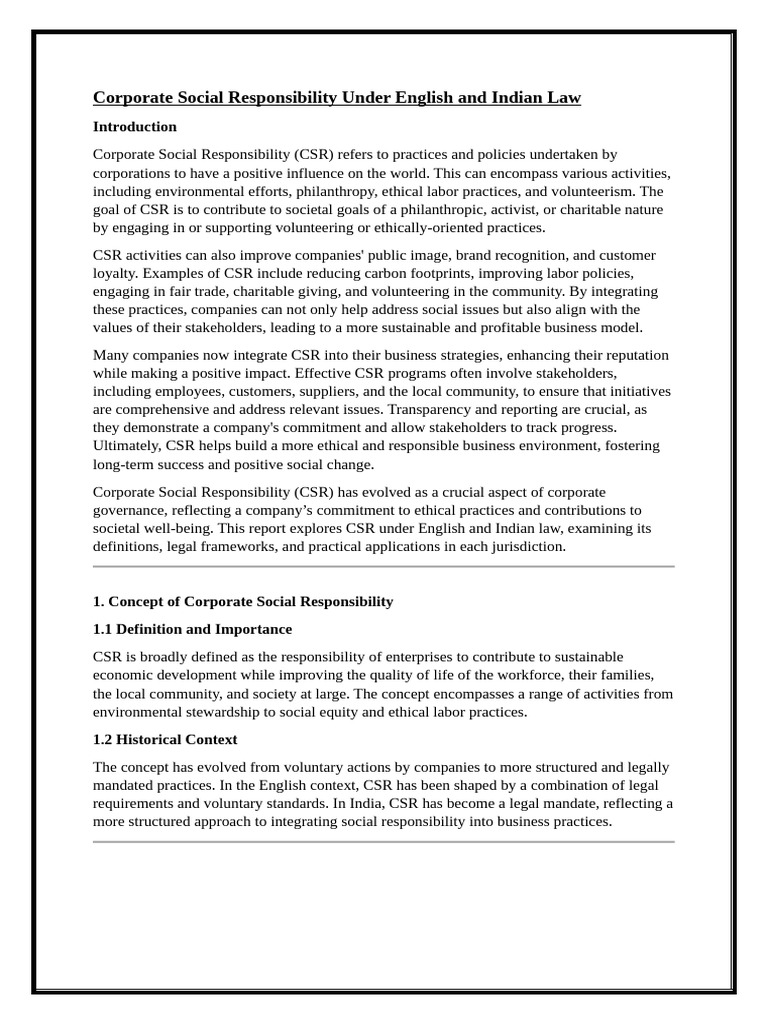 CSR in English and Indian Law Explained | PDF | Corporate Social ...