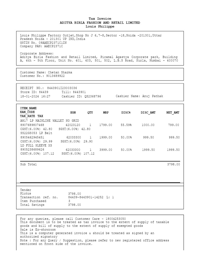 Tax Invoice for Louis Philippe Purchase | PDF
