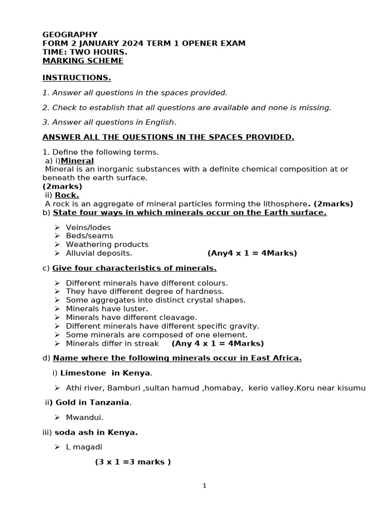 Form 2 Geography Exam: Rocks & Minerals | PDF | Rock (Geology) | Minerals