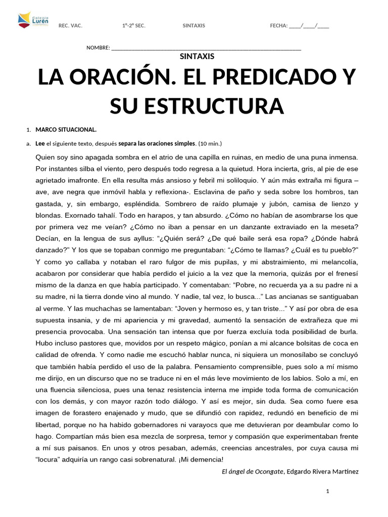 Partes de la Oración para Niños | PDF | Predicado (Gramática) | Verbo