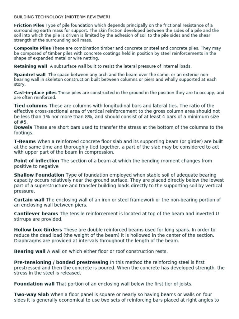 Building Technology Midterm Review Guide | PDF | Deep Foundation | Wood