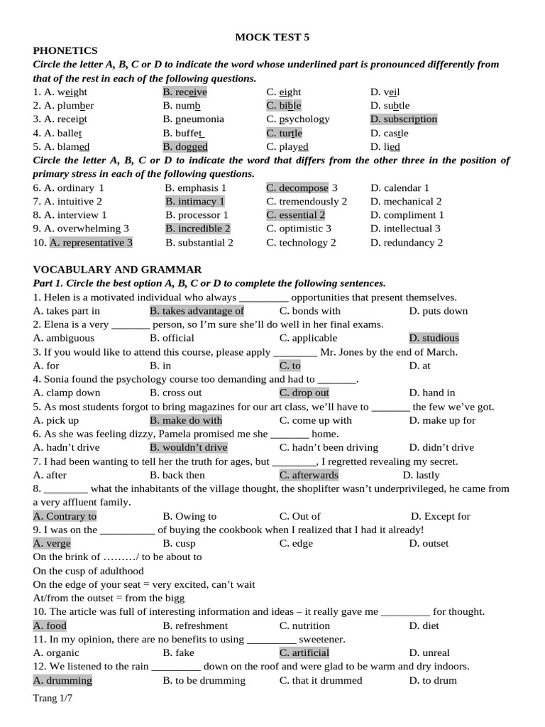 MOCK TEST 5 - Key | PDF