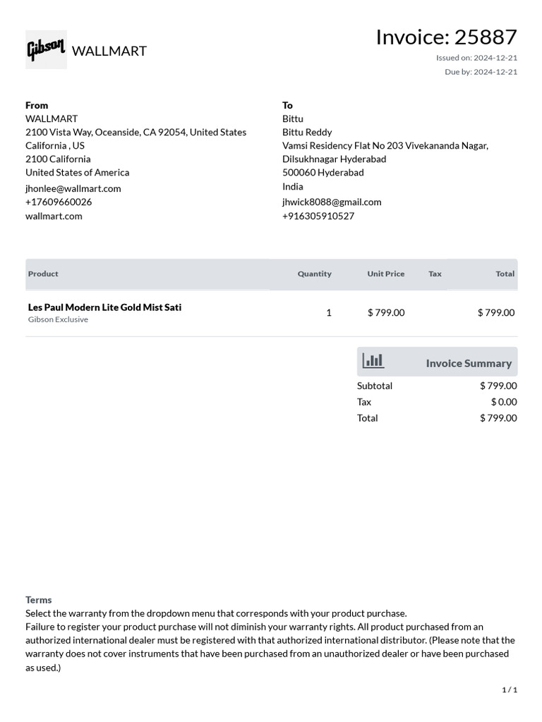 Walmart Invoice for Gibson Purchase | PDF
