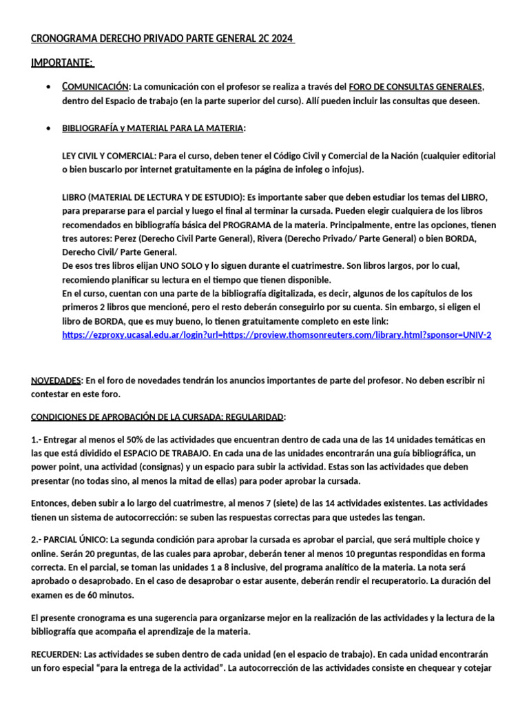 Cronograma Derecho Privado 2C 2024 | PDF
