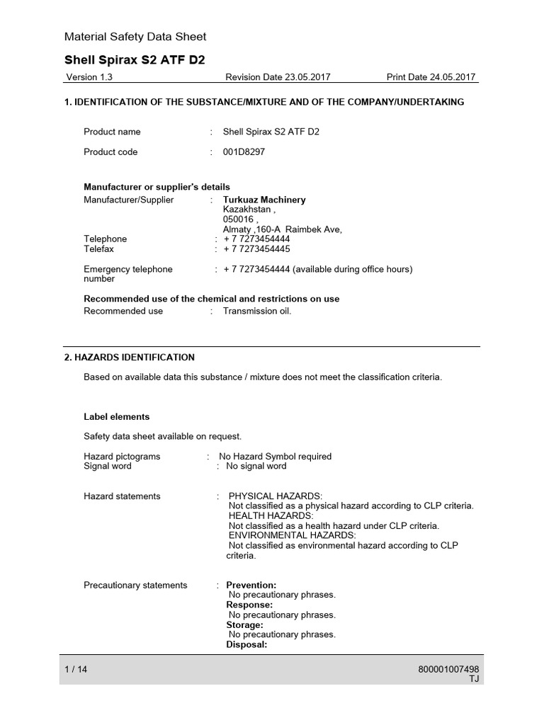 Shell Spirax S2 ATF D2 Safety Data Sheet | PDF | Toxicity | Waste