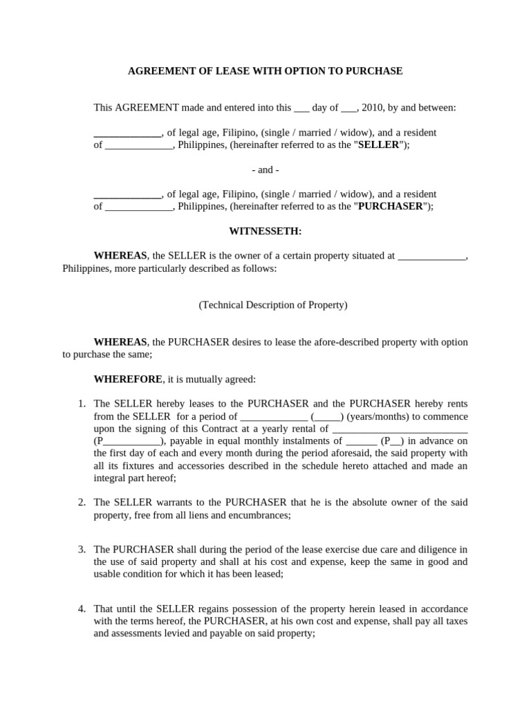 Lease Agreement with Purchase Option | PDF | Lease | Civil Law (Common Law)