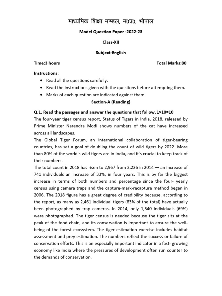 02 ENGLISH 12th Model Question Paper 2022-23 | PDF | Tiger | Poaching