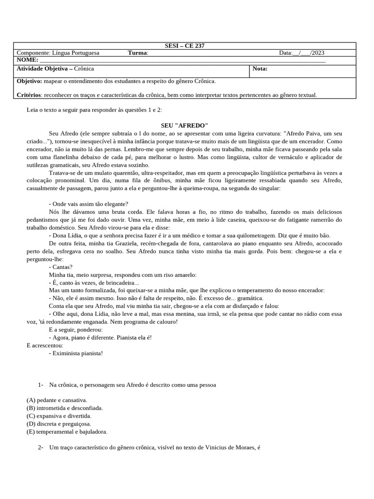 Atividade de Interpretação de Crônica 9º Ano | PDF | Jornalismo